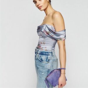 Reformation Lux silk top Off the Shoulder silk corset top blue floral romantic